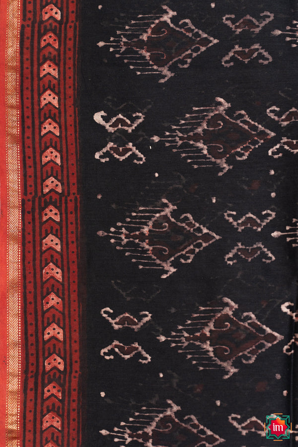 Black Red Bagru Handblock Chanderi Silk Cotton Saree Tamanna