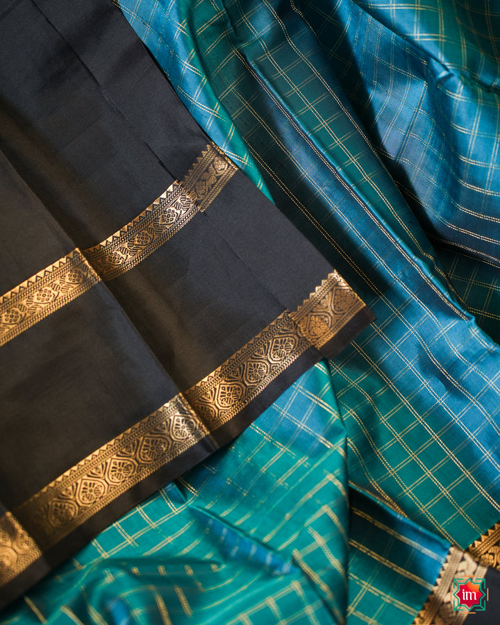 Elegant kanjivaram silk saree, where in the detailed saree print is displayed.