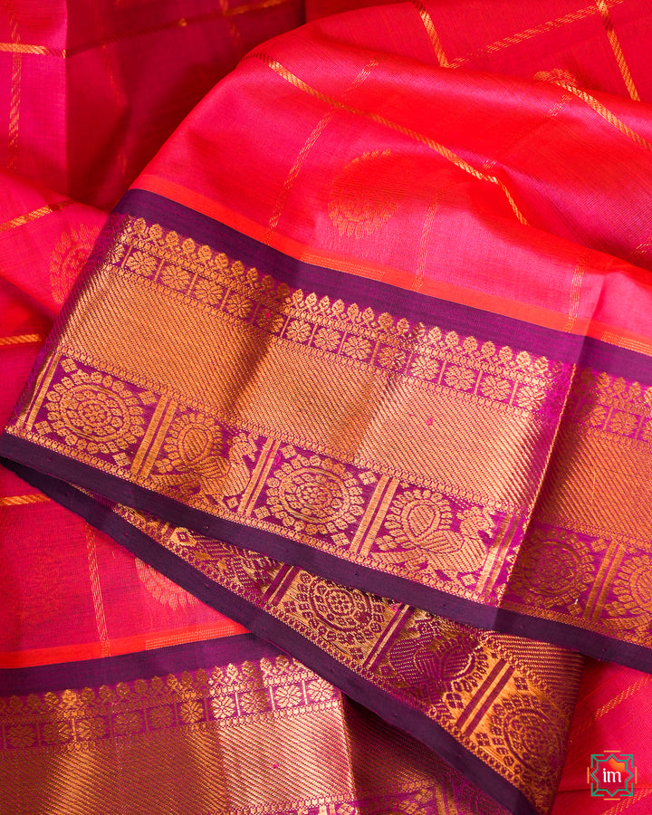 Elegant Candy Pink  Silk Saree, where in the detailed saree print is displayed.