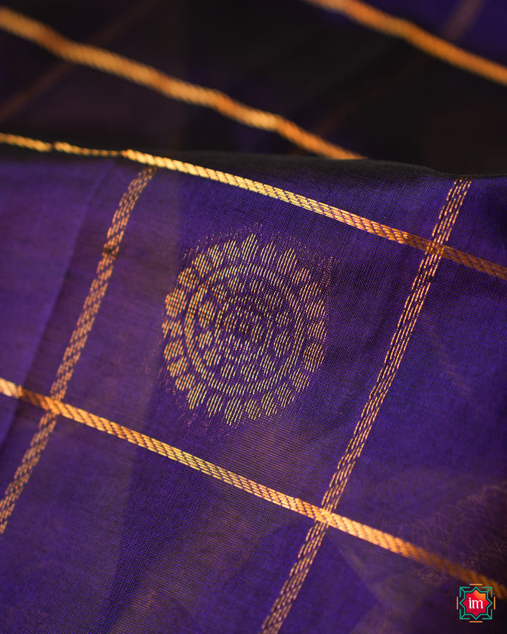 Elegant Cobalt Blue silk Saree, where in the detailed saree print is displayed.