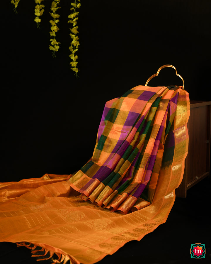 Beautiful Multicolour Palum Pazhamum Kattam Kanchi Saree best handloom saree for women is displayed on the floor with black background and yellow flowers hanging above.