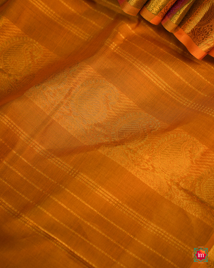 Beautiful Multicolour Palum Pazhamum Kattam Kanchi Saree best handloom saree for women, where in the detailed saree print is displayed.