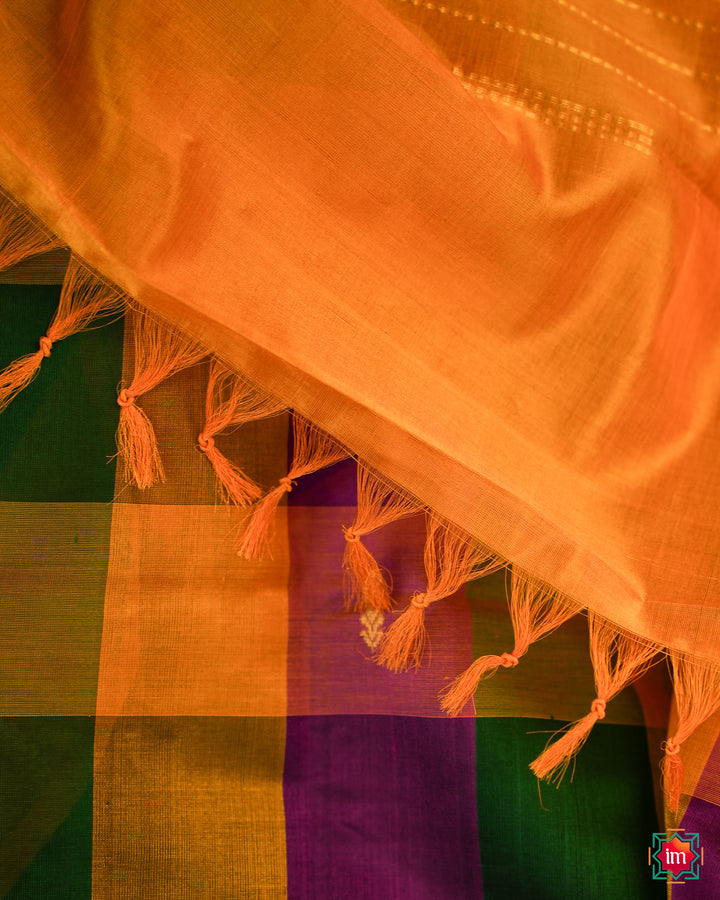 Beautiful Multicolour Palum Pazhamum Kattam Kanchi Saree best handloom saree for women is displayed.