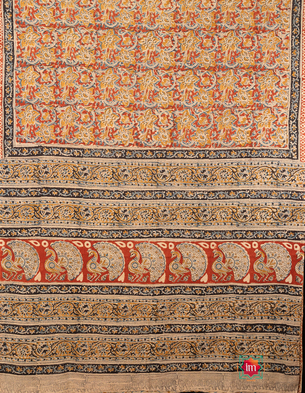 Red Yellow Floral Machilipatnam Handblock Mul Cotton Saree Geet
