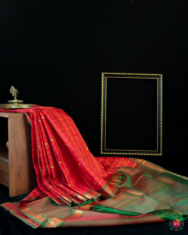 Red Kanjivaram Annam Checks Saree Mayilkann
