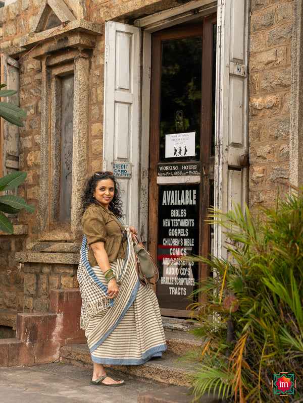 White Blue Melkote Khadi Cotton Saree Blossoms