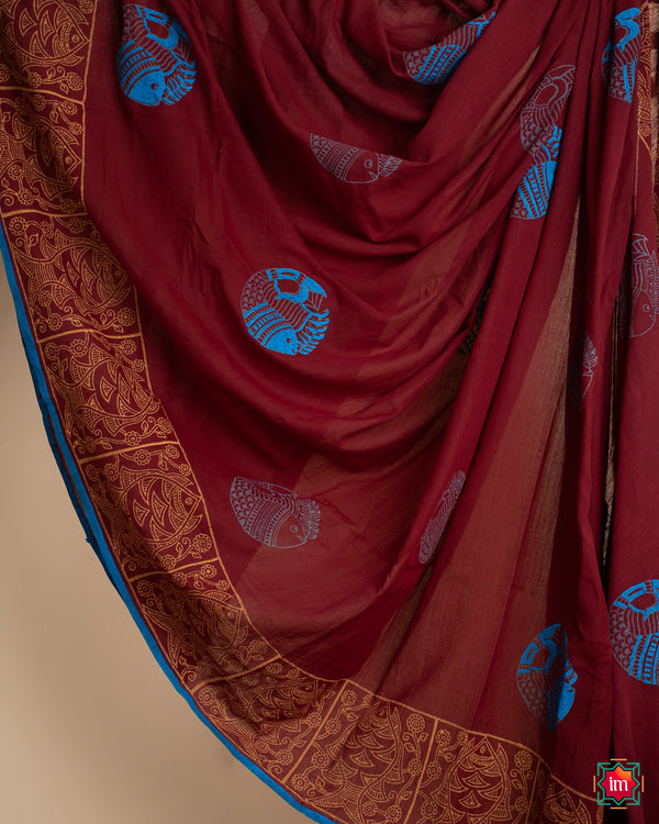 Beet Pink Mul Jugalbandhi Cotton Saree With Handblock Prints Kimaya