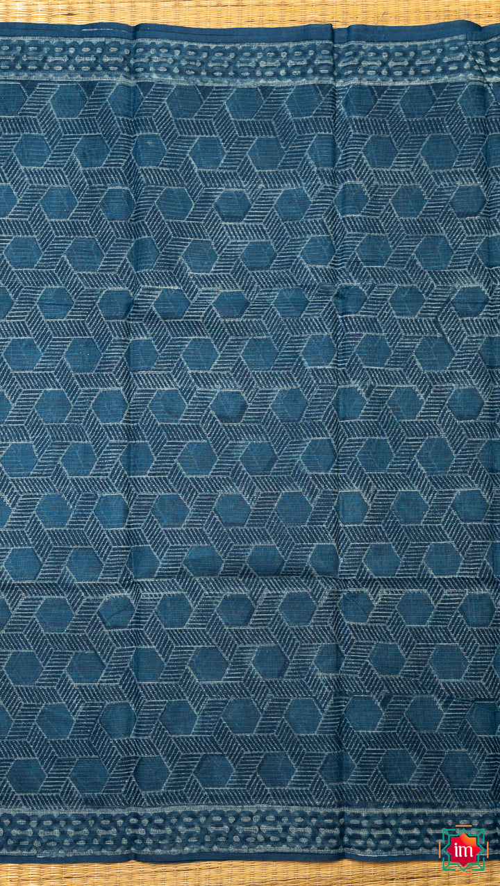 Indigo Honeycomb Bagru Handblock Printed Kota Doria Saree Bhawra-6-The Indian Motif
