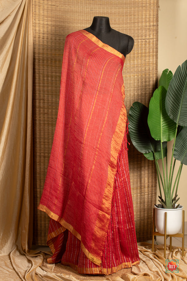 Orange with red shot Handwoven Linen With Zari Saree Sunset Glory
