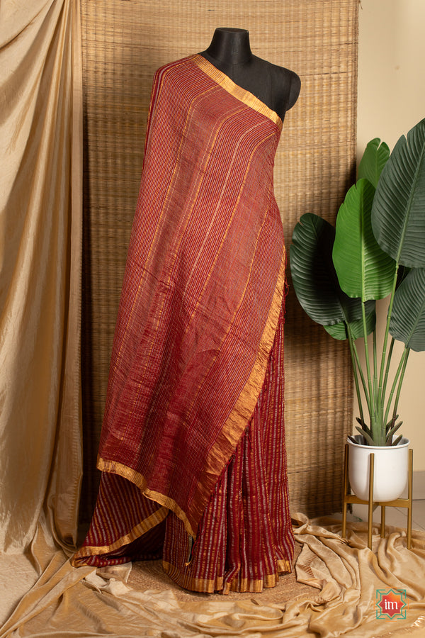 Vermillion Handwoven Linen With Zari Saree Vinatge Rose