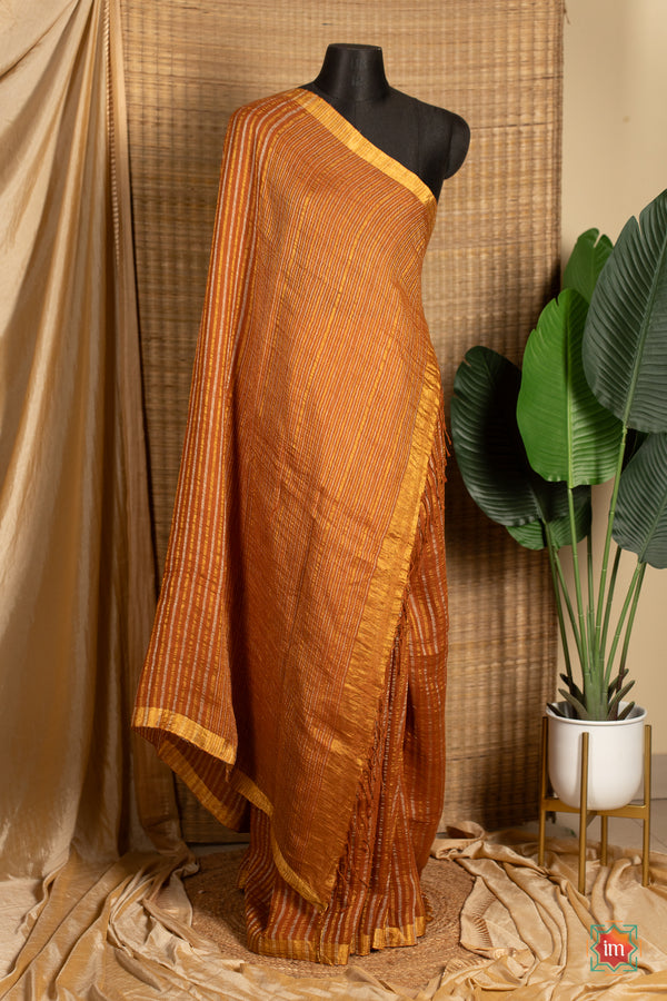 Brown Handwoven Linen With Zari Saree Mud Magic