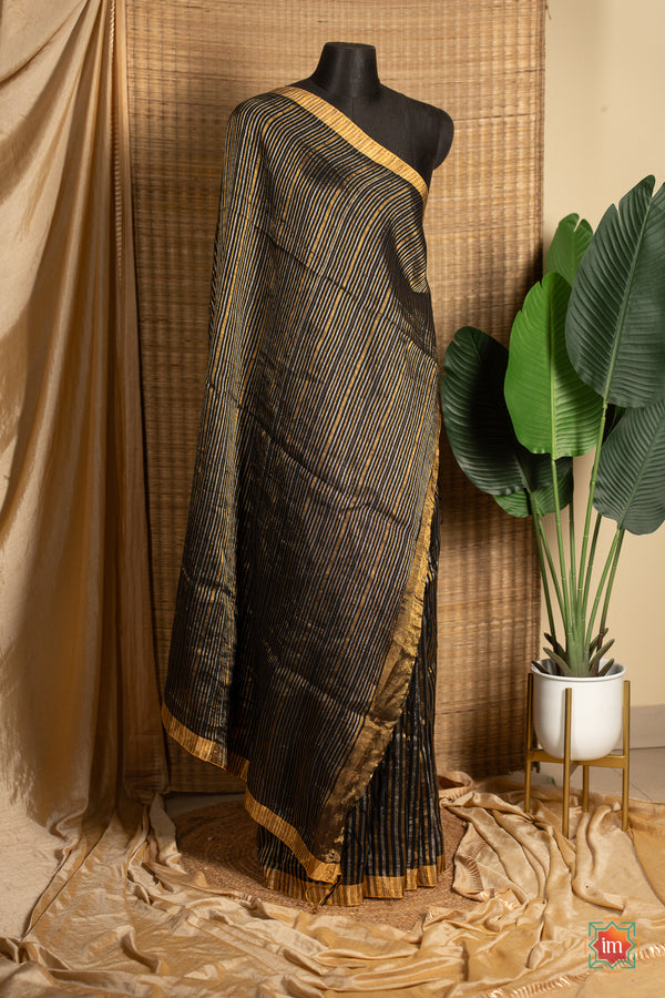 Black Handwoven Linen With Zari Saree Midnight Rose