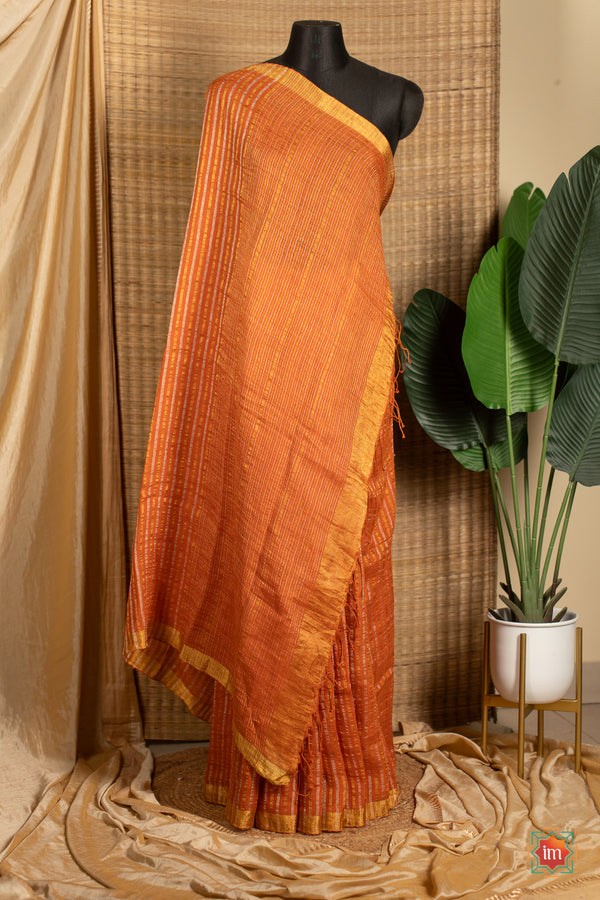 Orange Handwoven Linen With Zari Saree Sunrise glory