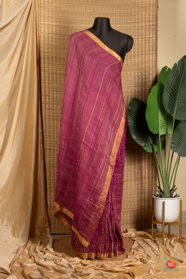Wine Purple Handwoven Linen With Zari Saree Wine wonder