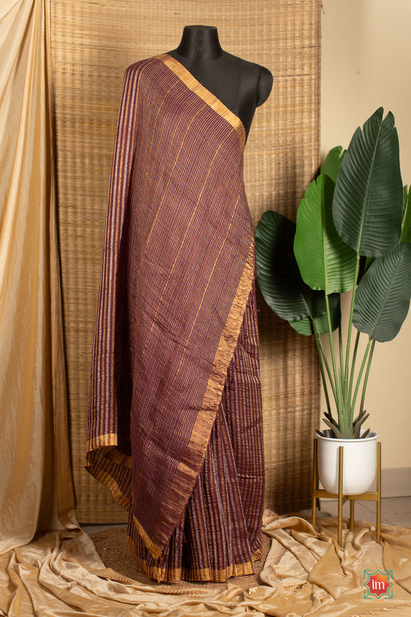 Coca brown Purple shot Handwoven Linen With Zari Saree Cocoa charm