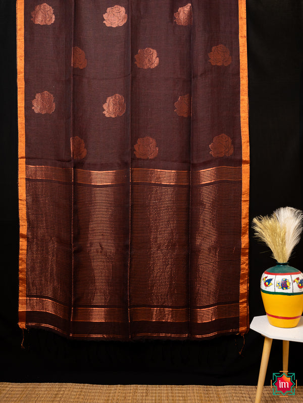 Coffee Brown Handwoven Linen Jamdhani Saree Rose Charm