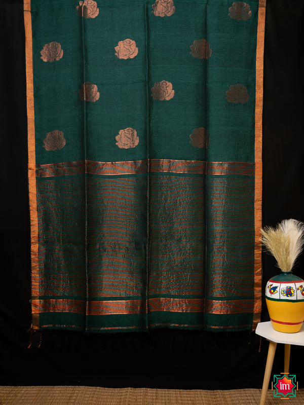 Green Handwoven Linen Jamdhani Saree Forest Love