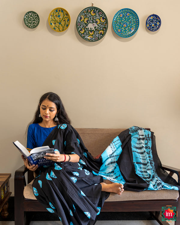 Black Mul Cotton Bagru Handblock Printed Saree Neelu