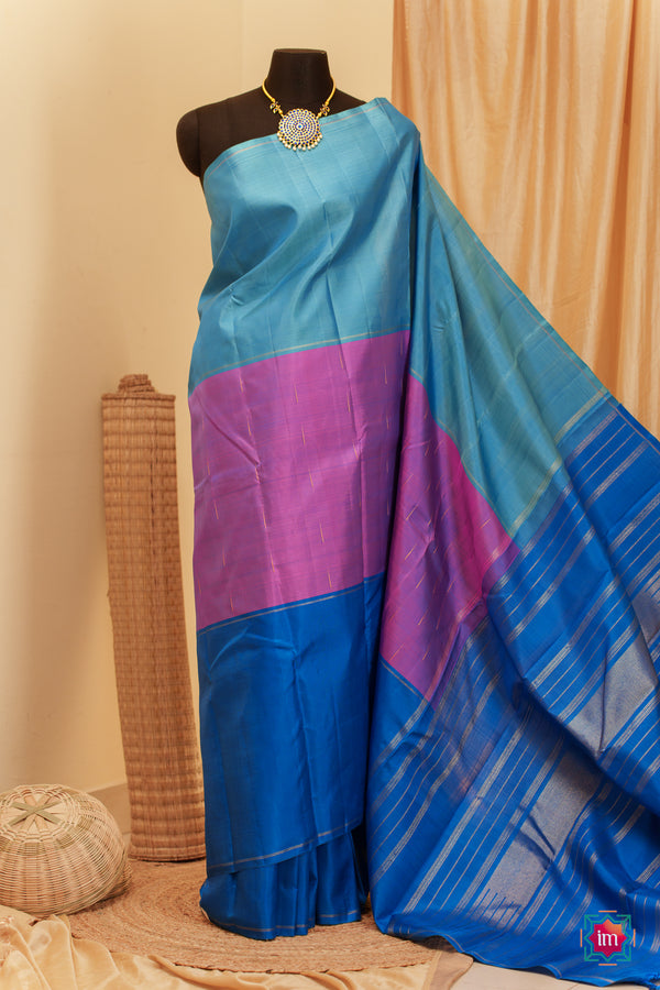 Blue and Purple Kanjivaram Handloom Mubbagam Pure Zari Saree Anika