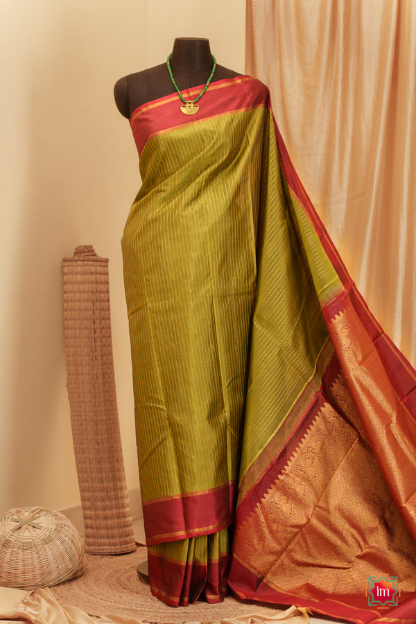 Olive green and rust Kanjivaram Handloom Saree Malavika