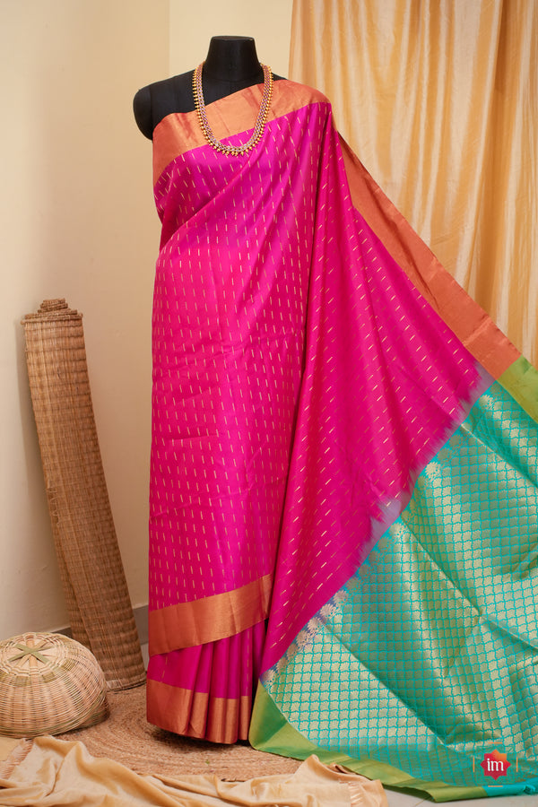 Hot Pink With Blue Kanjivaram Soft silk Handloom Saree Malar