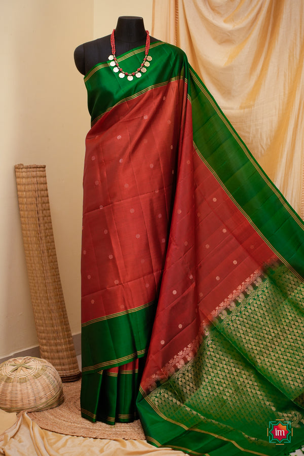 Red With Green Kanjivaram Soft silk Handloom Saree Kumkuma
