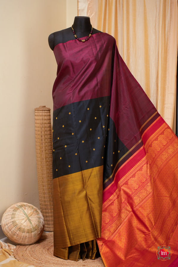 Wine, Black with Mustard Kanjivaram Handloom Mubbagam Pure Zari Saree Kanakam