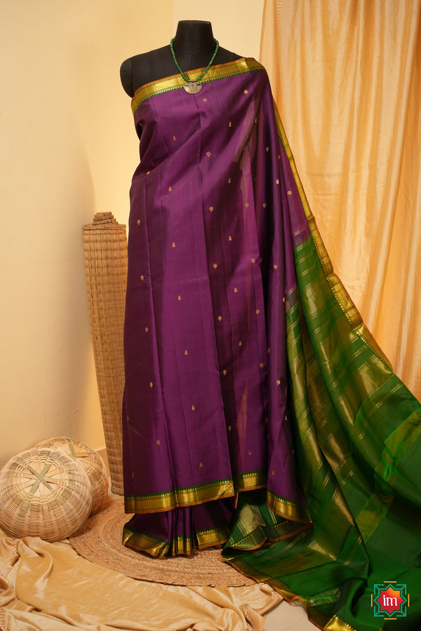 Purple With Green Kanjivaram Handloom Pure Zari Saree Vadamalli