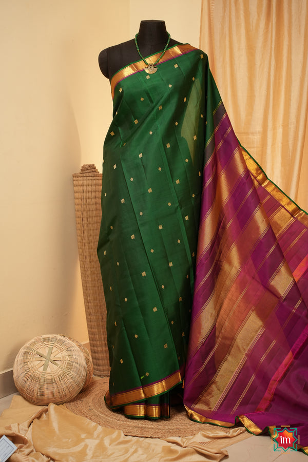 Green With Magenta Kanjivaram Handloom Pure Zari Saree Meenakshi