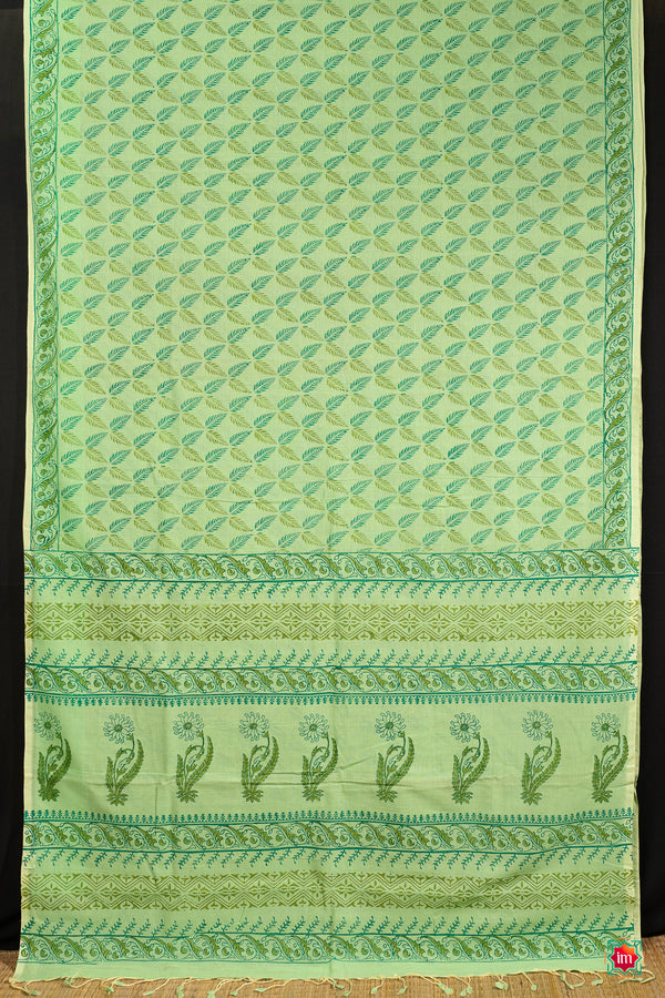 Green Mangalgiri Cotton With Handblock prints Jugalbandhi Saree Summer Love