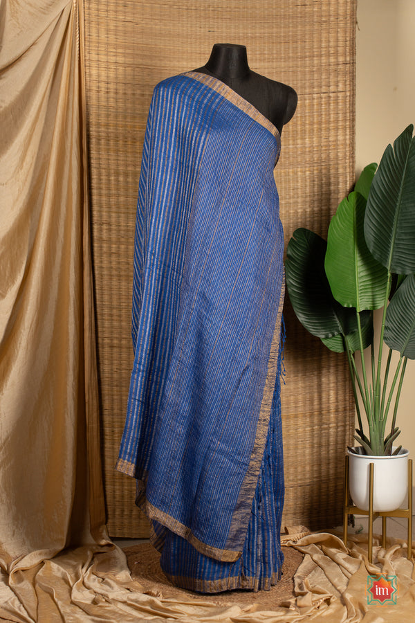 Blue Handwoven Linen With Zari Saree Sea Breeze