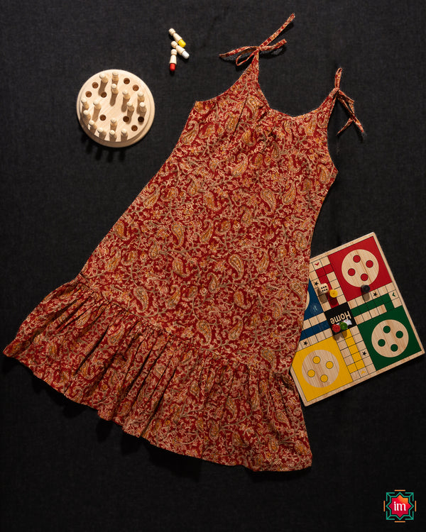 Red Girls Sleeveless Tie Frock Moana