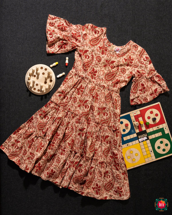 Beige Red Girls Layered Frock Butterfiies
