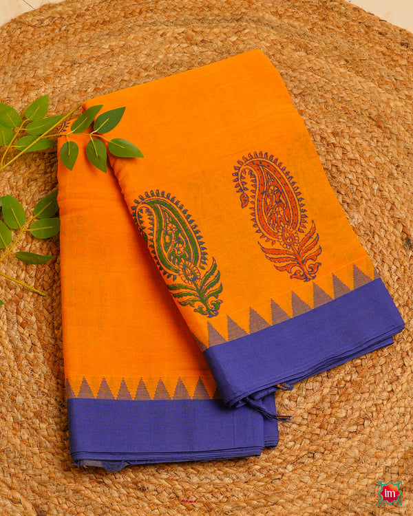 Yellow Ponduru Khadi Handblock Print Jugalbandhi Saree Hastha