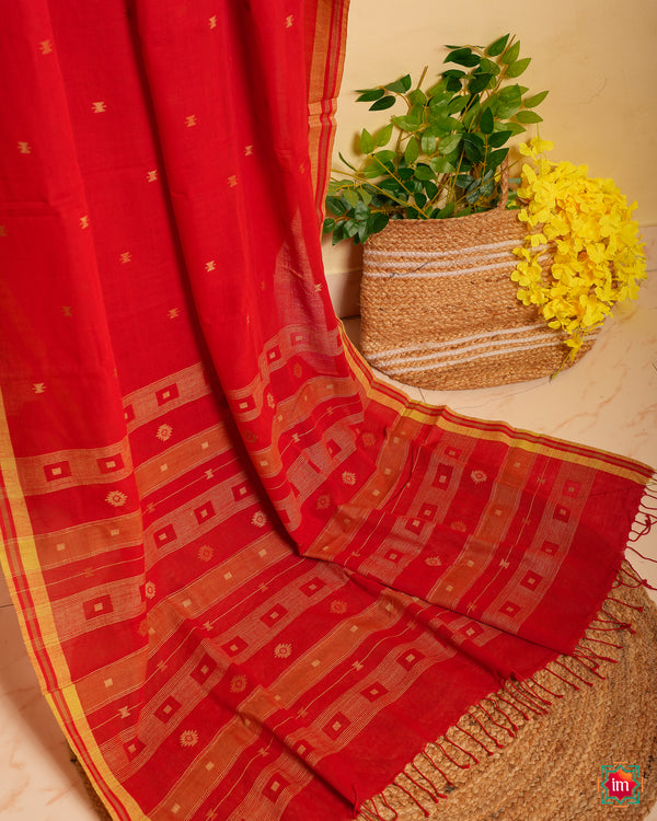 Cherry Red Mul Jamdhani Saree Pari