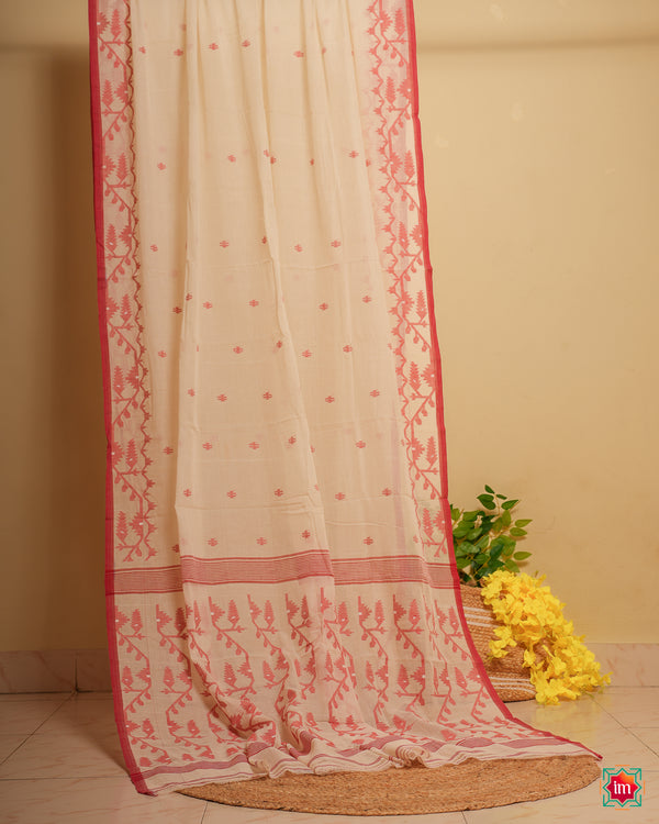 White and Red Bengal Cotton Saree Pujo