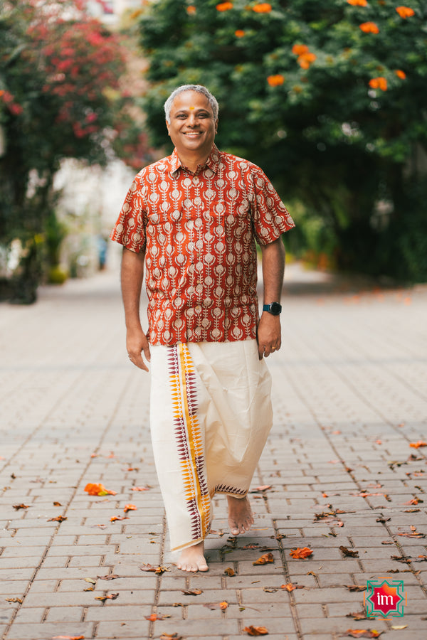 Onam Cotton Handblock Printed Mens Dhoti Taamara