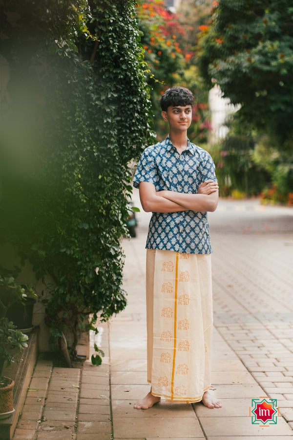 Quirky Elephant Handblock Mens Dhoti OruAana