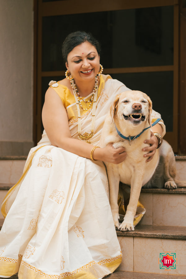White Onam Kasavu Elephant Motif Jugalbandhi Saree OruAana