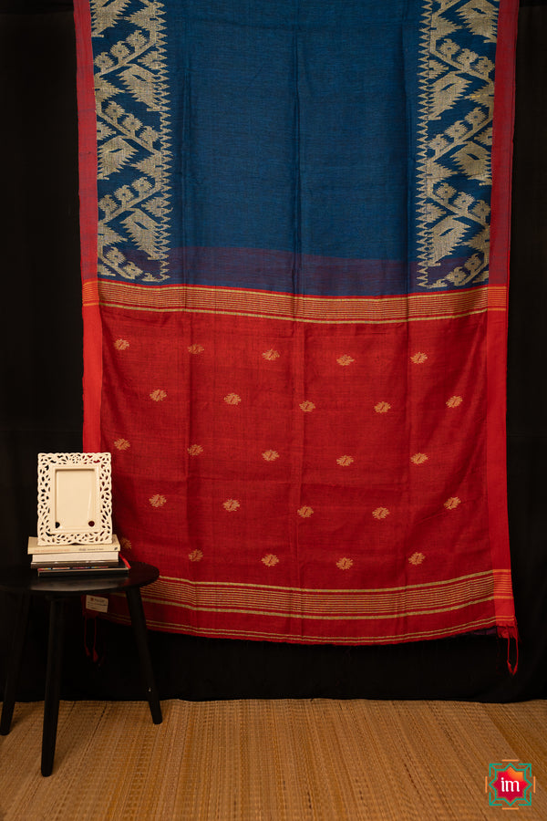 Blue Red Linen Jamdhani Saree Madhura