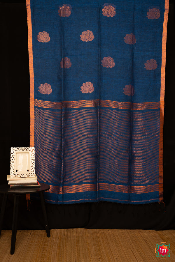 Azure Blue Handwoven Linen Jamdhani Saree Bluebells