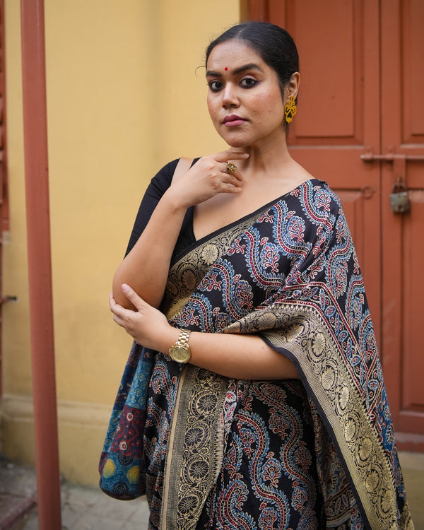 Neelambara-Handcrafted-Ajrakh-Saree-on-Dola-Silk-The-Indian-Motif