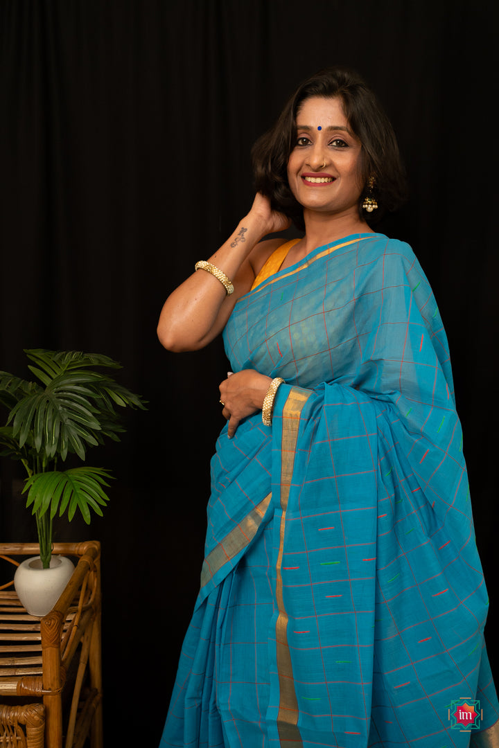 Ananda Blue Checkered Venkatgiri Cotton Saree Anandam-1-The Indian Motif
