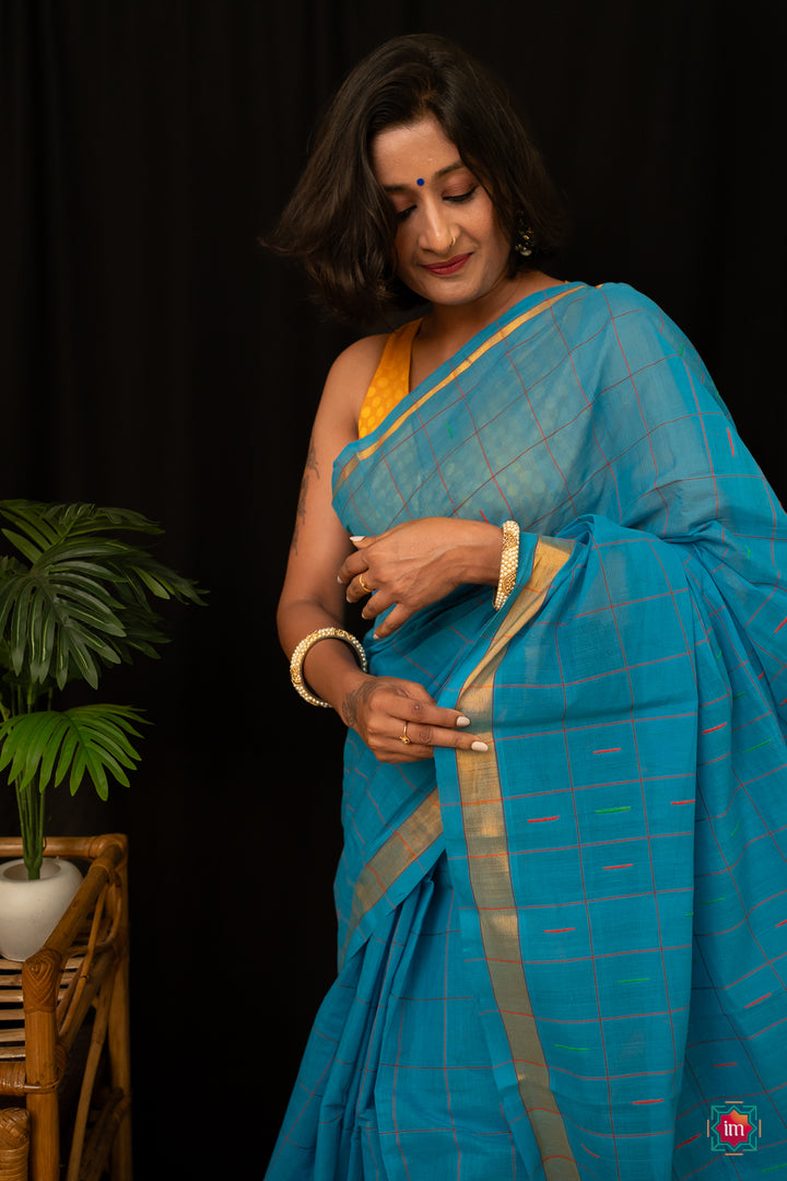 Ananda Blue Checkered Venkatgiri Cotton Saree Anandam-2-The Indian Motif