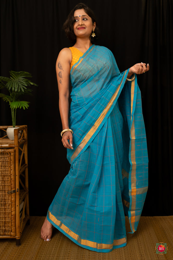 Ananda Blue Checkered Venkatgiri Cotton Saree Anandam-3-The Indian Motif