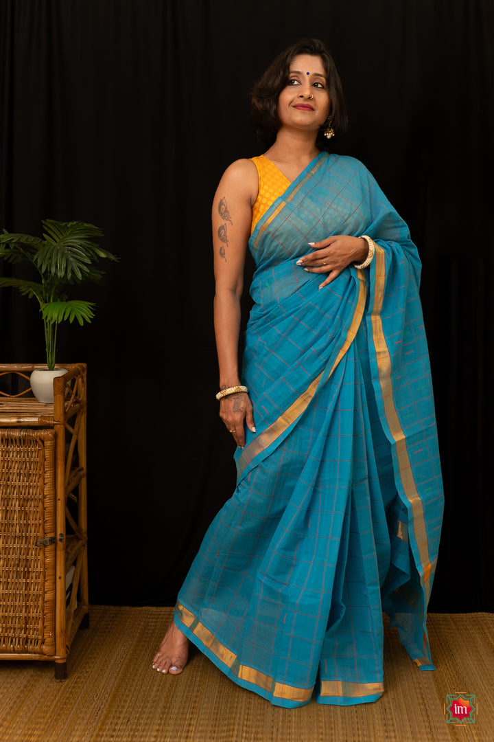 Ananda Blue Checkered Venkatgiri Cotton Saree Anandam-4-The Indian Motif