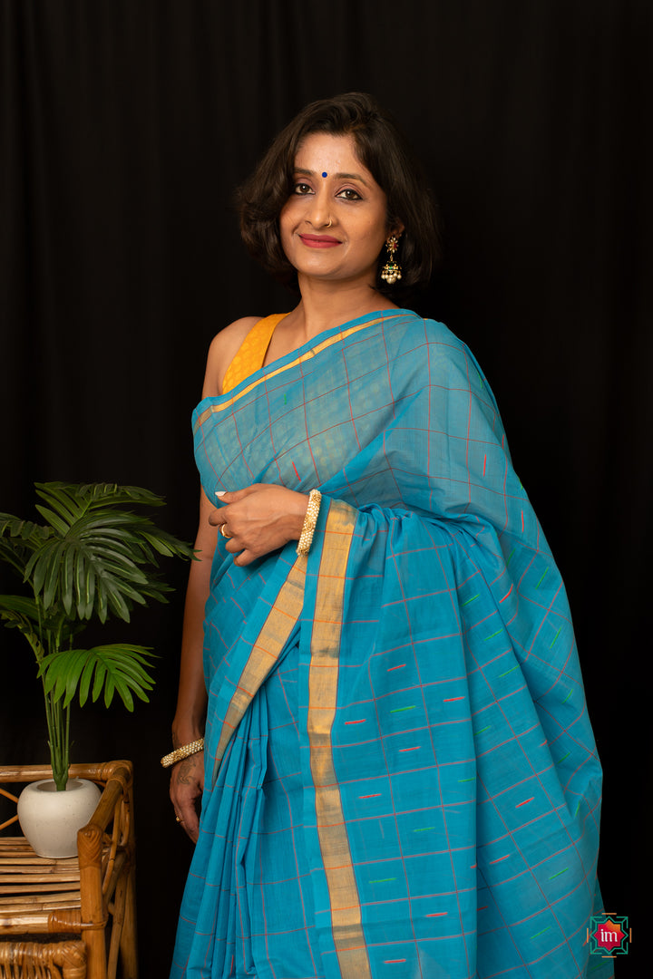 Ananda Blue Checkered Venkatgiri Cotton Saree Anandam-5-The Indian Motif