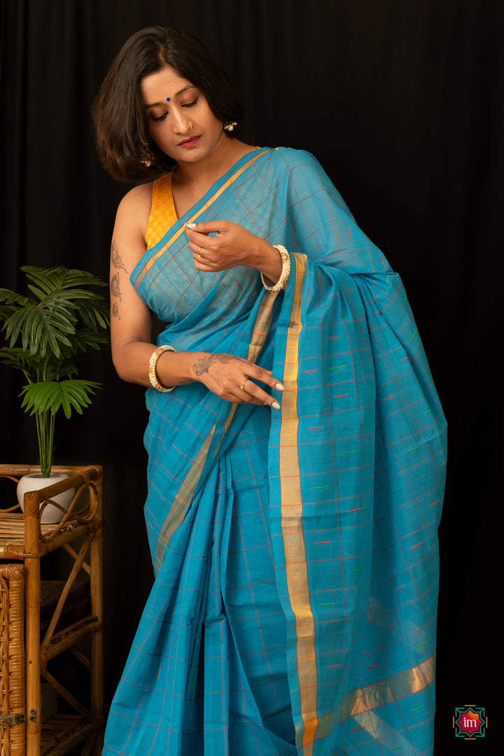 Ananda Blue Checkered Venkatgiri Cotton Saree Anandam-6-The Indian Motif