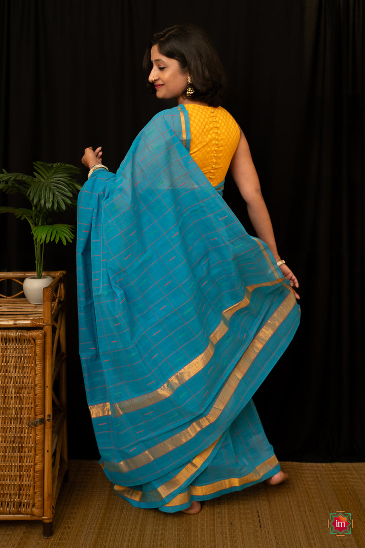 Ananda Blue Checkered Venkatgiri Cotton Saree Anandam-7-The Indian Motif