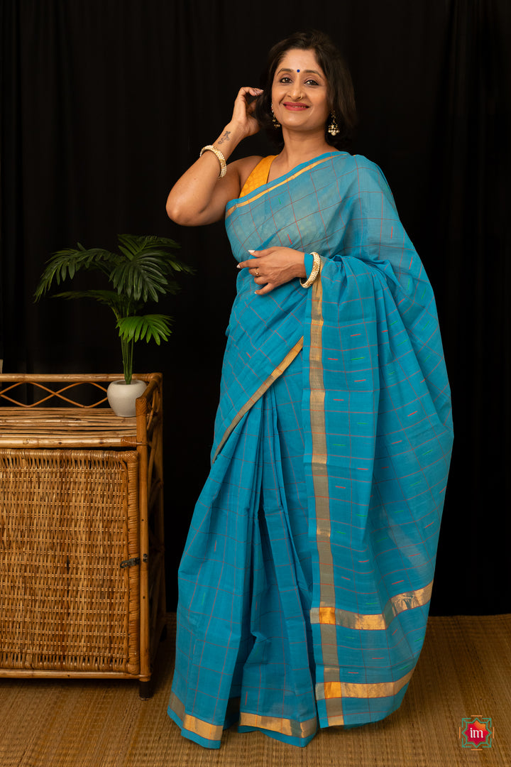 Ananda Blue Checkered Venkatgiri Cotton Saree Anandam-The Indian Motif